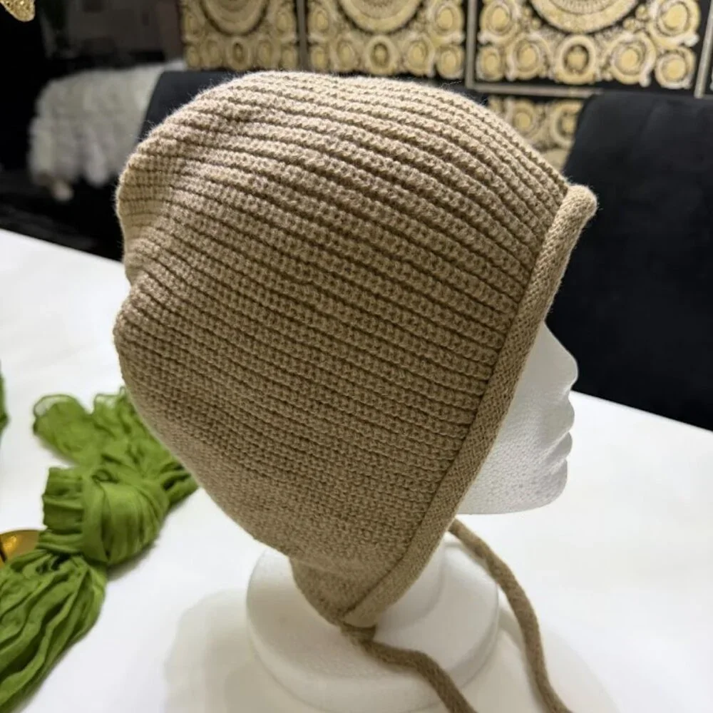 New Beige Knit Winter Bonnet Hat With Ties